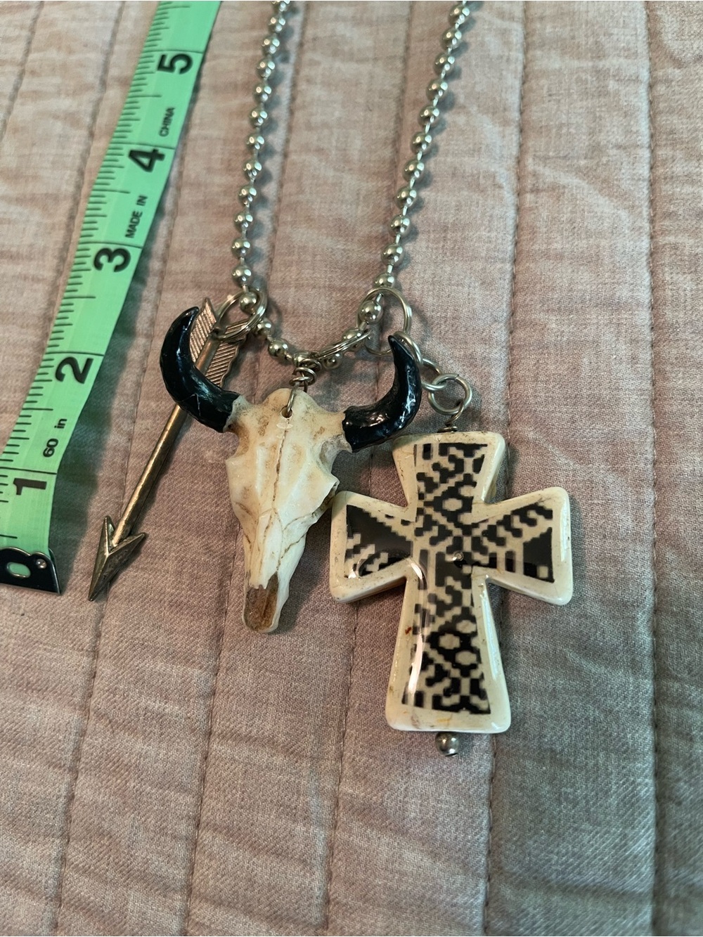 Skull Horn & Aztec Cross Necklace with Arrow Charm - Black & Cream